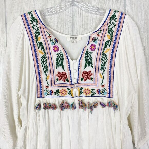 Umgee | Ruffled Floral Embroidered Peasant Dress Size Small - Picture 3 of 13